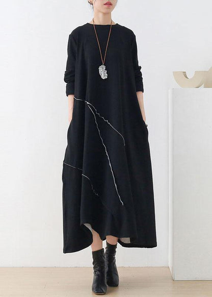 Natural Black O-Neck Patchwork Fall Knit Dress Long Sleeve - SooLinen