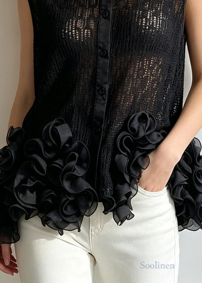 Natural Black Oversized Floral Tulle Blouses Sleeveless