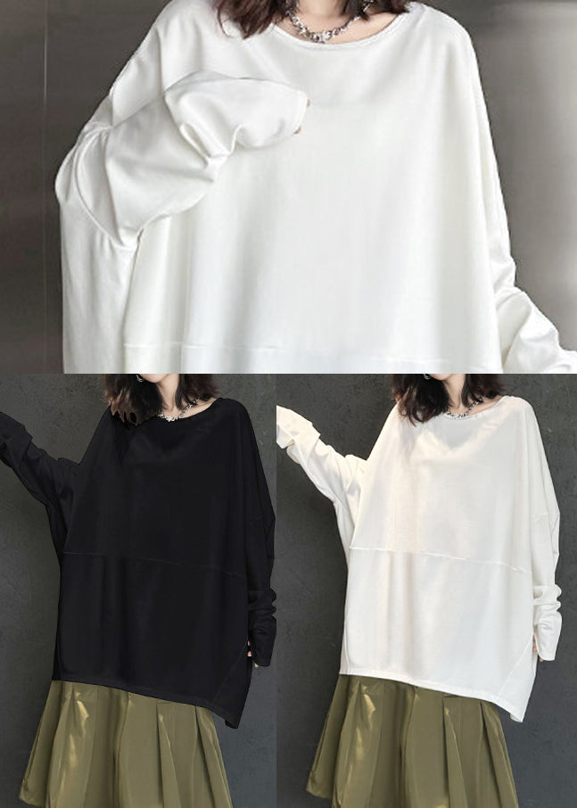 Natural Black Oversized Patchwork Cotton Sweatshirts Top Batwing Sleeve
