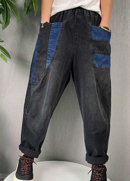 Natürliche Schwarze Patchwork Denim Haremshose Frühling