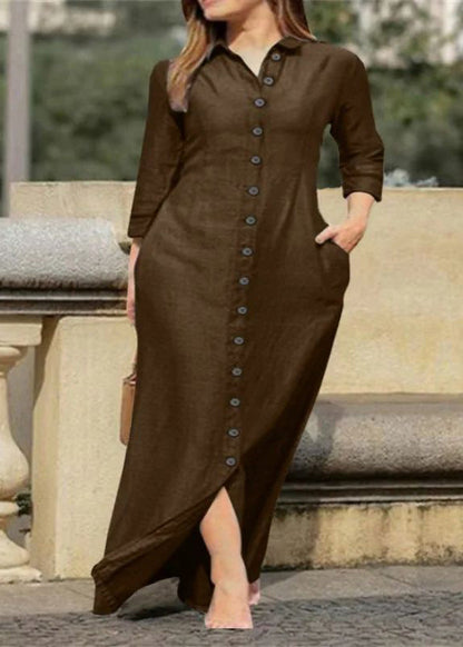 Natural Black Peter Pan Collar Button Long Shirts Dress Fall