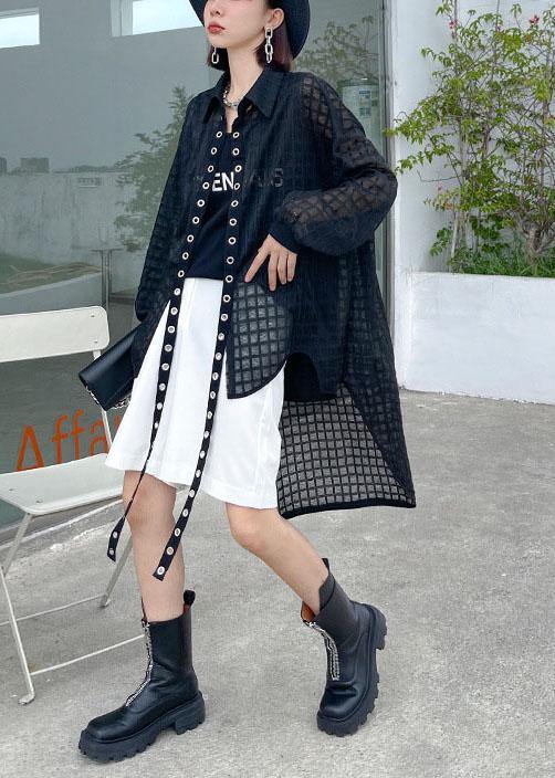 Natural Black Peter Pan Collar low high design Long sleeve Shirt Top Summer - SooLinen