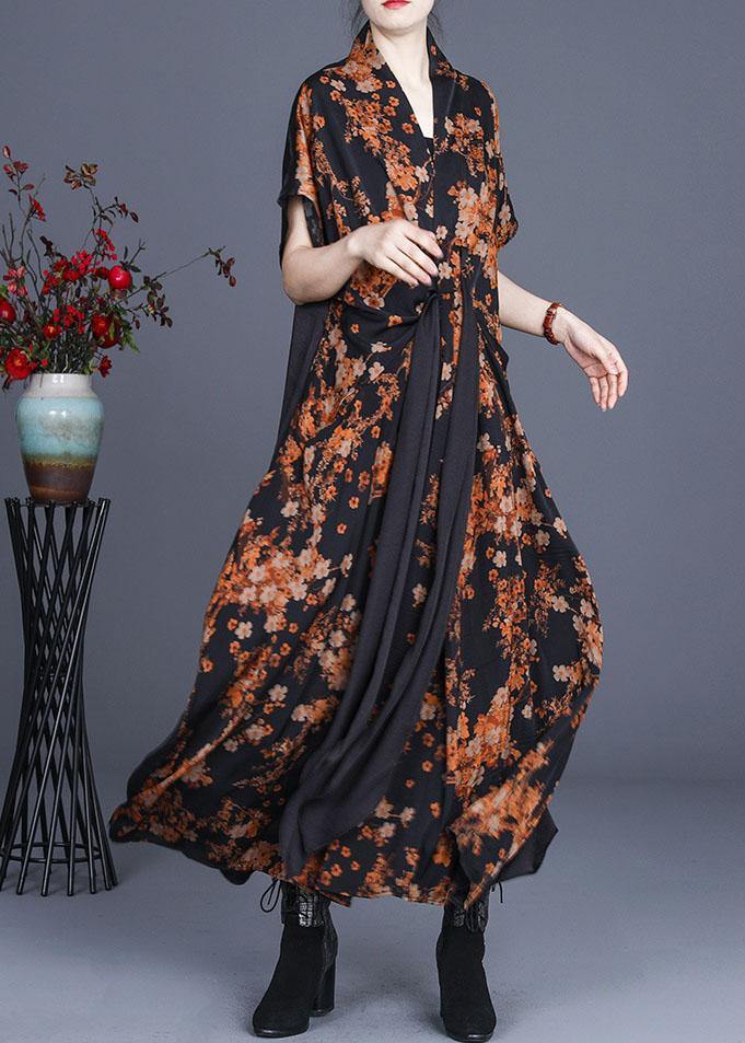Natural Black Print Patchwork Silk Summer Maxi Dress - SooLinen
