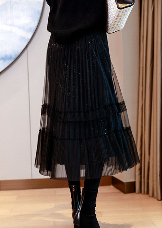Naturschwarzer, gestufter Herbstrock aus Tüll mit Pailletten