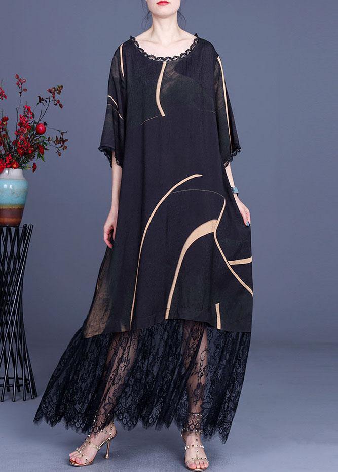 Natural Black Silk Print Patchwork Lace Vacation Dresses Summer - SooLinen