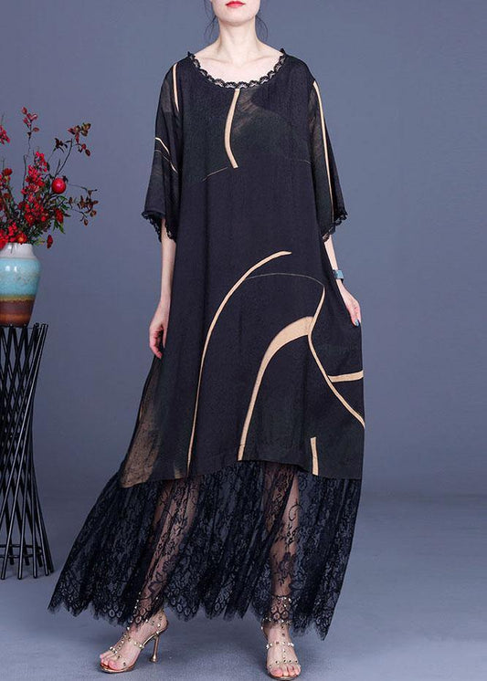 Natural Black Silk Print Patchwork Lace Vacation Dresses Summer - SooLinen
