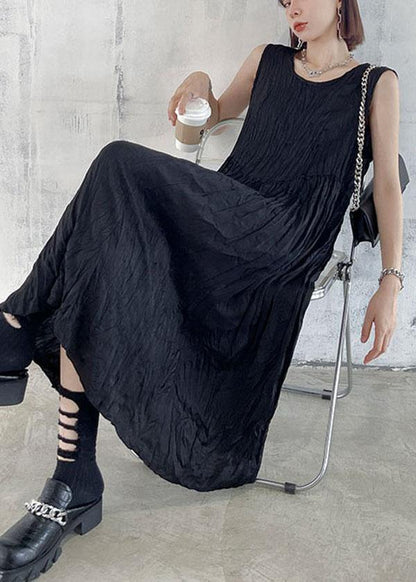 Natural Black Sleeveless Folds Maxi Dresses - SooLinen