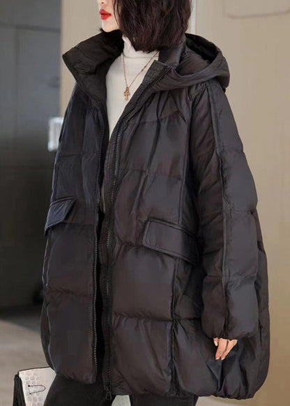 Naturfarbene schwarze Steppjacke mit Stehkragen, Taschen, Kapuze und Kapuze für den Winter