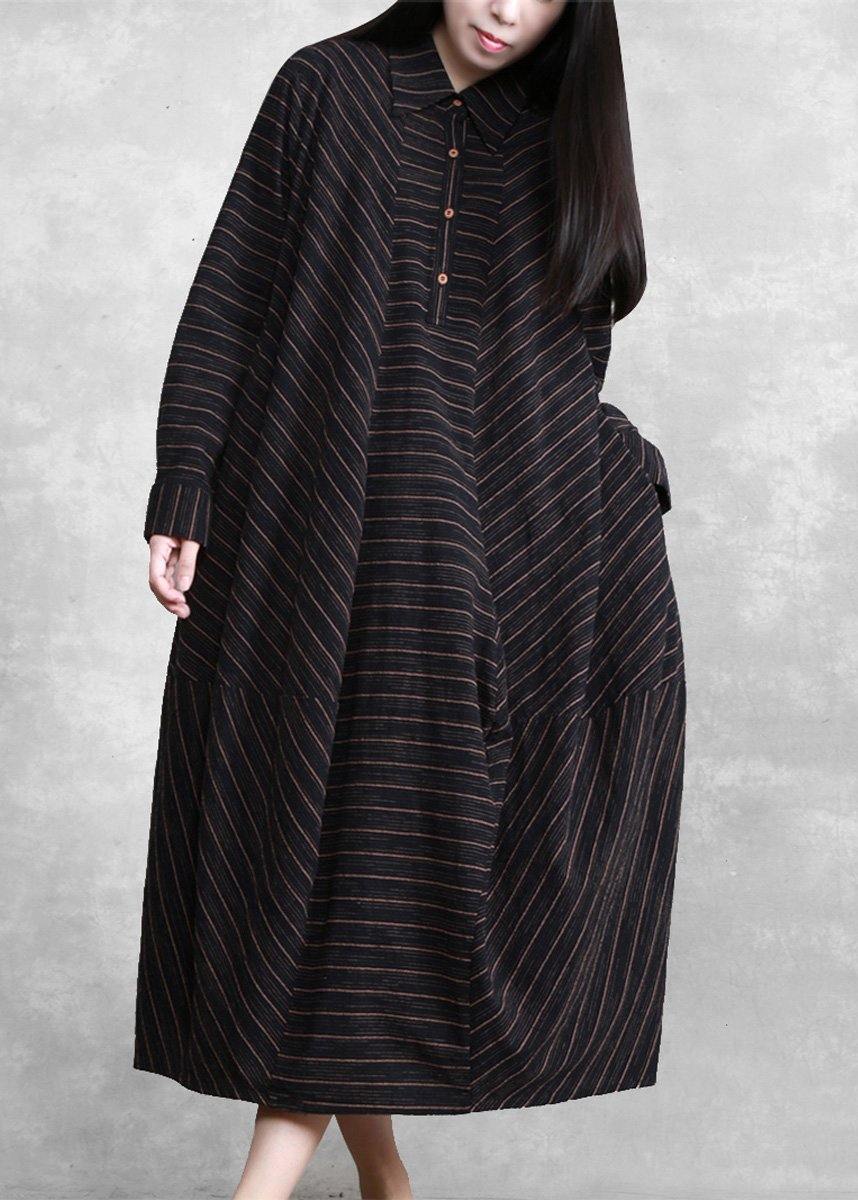 Natural Black Striped Linen Dresses Spring Gown - SooLinen
