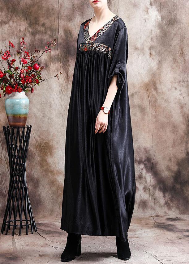 Natural Black Oversize Caftans Gown V Neck Patchwork Baggy Dress - SooLinen