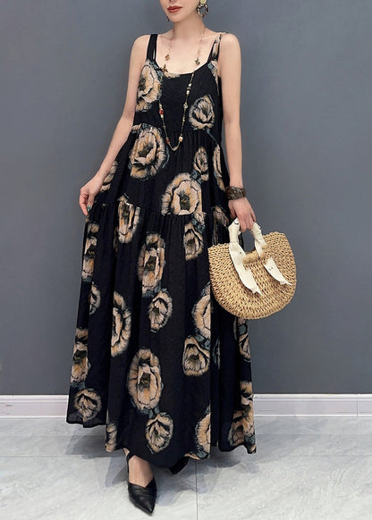 Natural Black U Neck Print Long Spaghetti Strap Dress Sleeveless