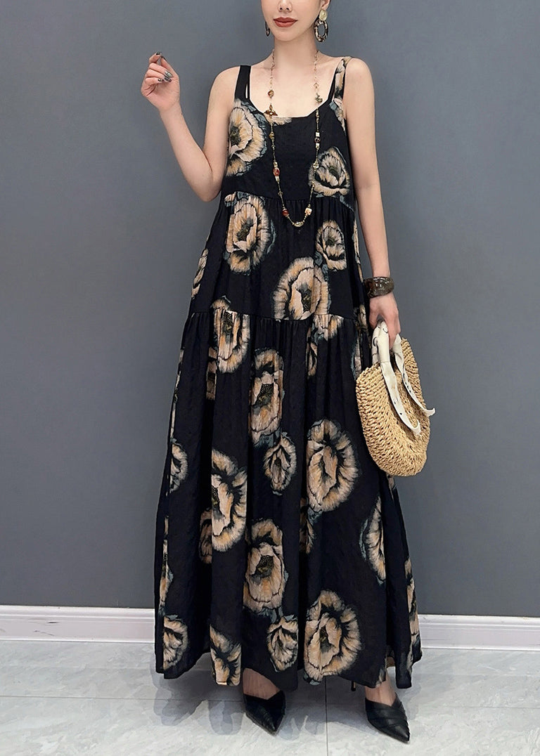 Natural Black U Neck Print Long Spaghetti Strap Dress Sleeveless