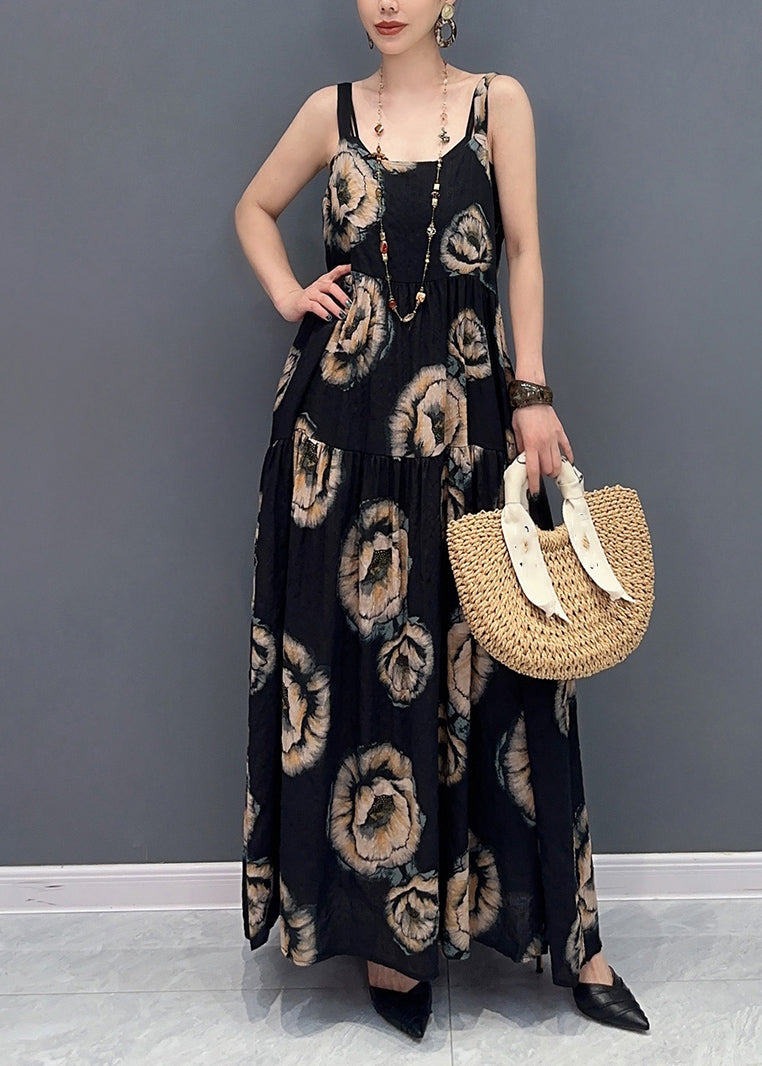 Natural Black U Neck Print Long Spaghetti Strap Dress Sleeveless