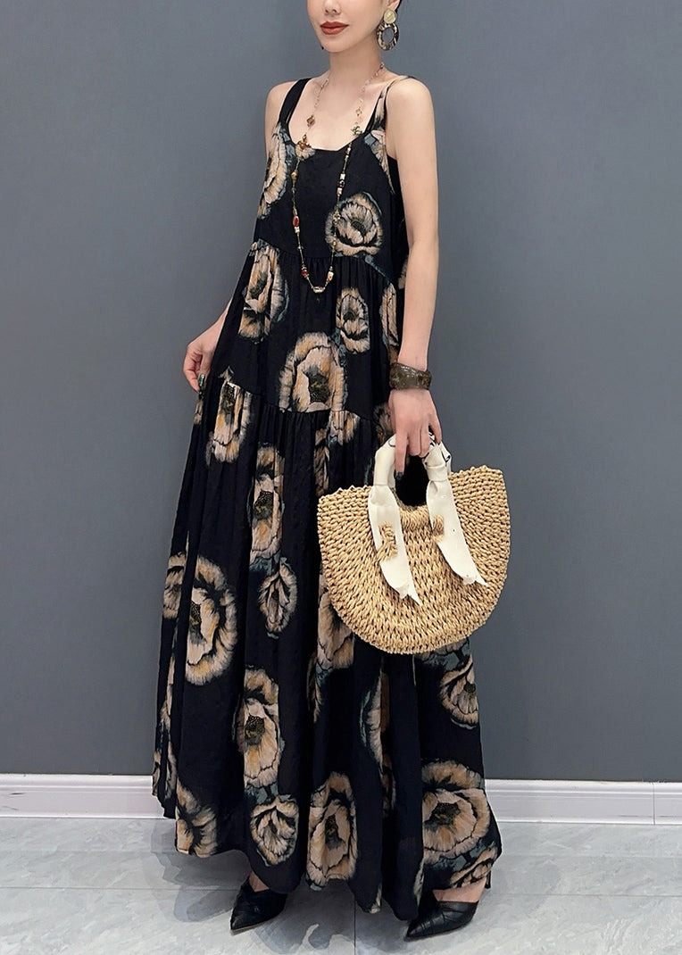 Natural Black U Neck Print Long Spaghetti Strap Dress Sleeveless