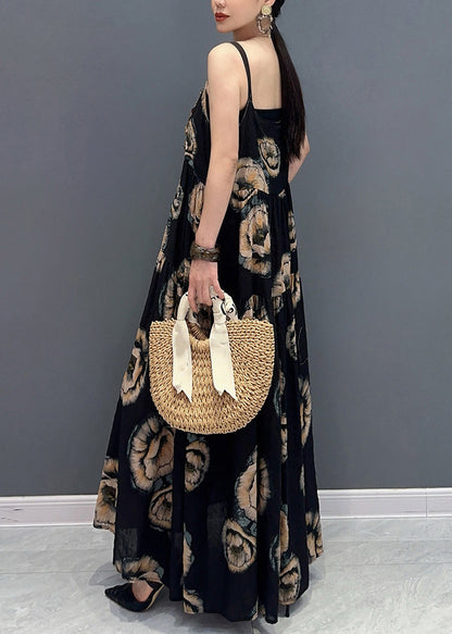 Natural Black U Neck Print Long Spaghetti Strap Dress Sleeveless