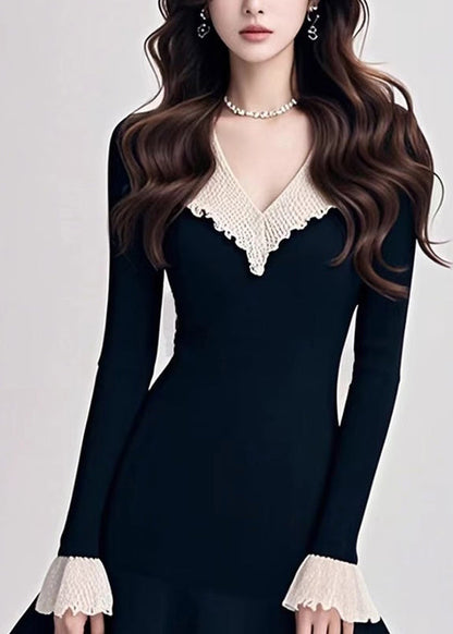 Vestido de punto con cuello en V y patchwork en color negro natural para primavera