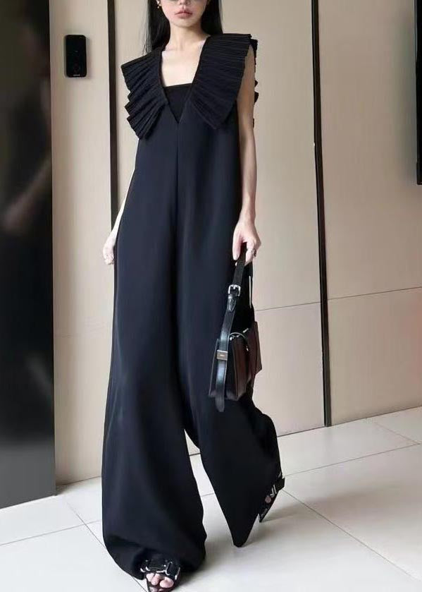 Natural Black V Neck Wrinkled Spandex Straight Jumpsuit Summer