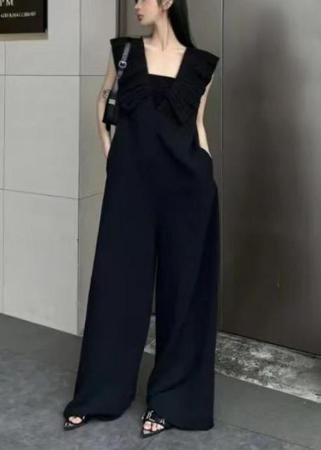 Natural Black V Neck Wrinkled Spandex Straight Jumpsuit Summer