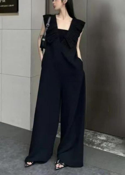 Natural Black V Neck Wrinkled Spandex Straight Jumpsuit Summer