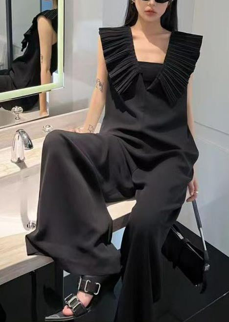 Natural Black V Neck Wrinkled Spandex Straight Jumpsuit Summer