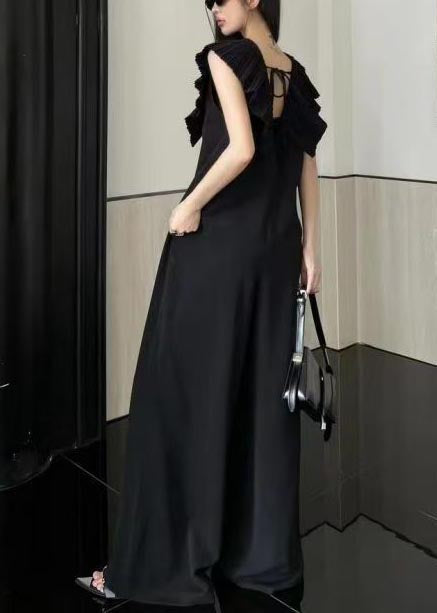 Natural Black V Neck Wrinkled Spandex Straight Jumpsuit Summer