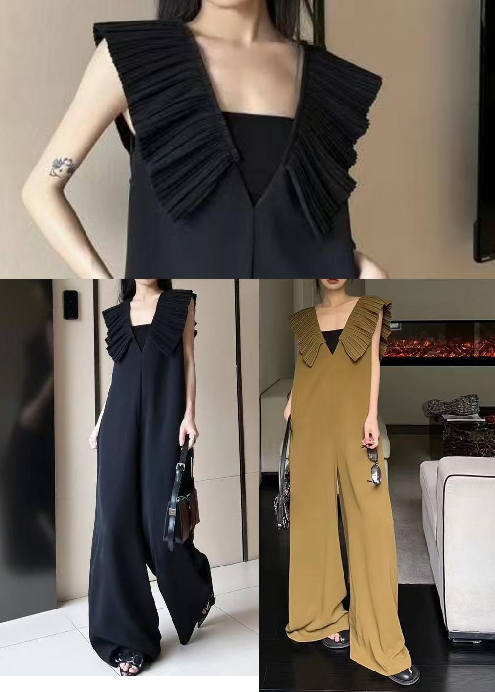 Natural Black V Neck Wrinkled Spandex Straight Jumpsuit Summer