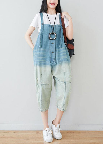 Natural Blue Casual Pockets Button Gradient Color Fall Rompers Cotton - SooLinen