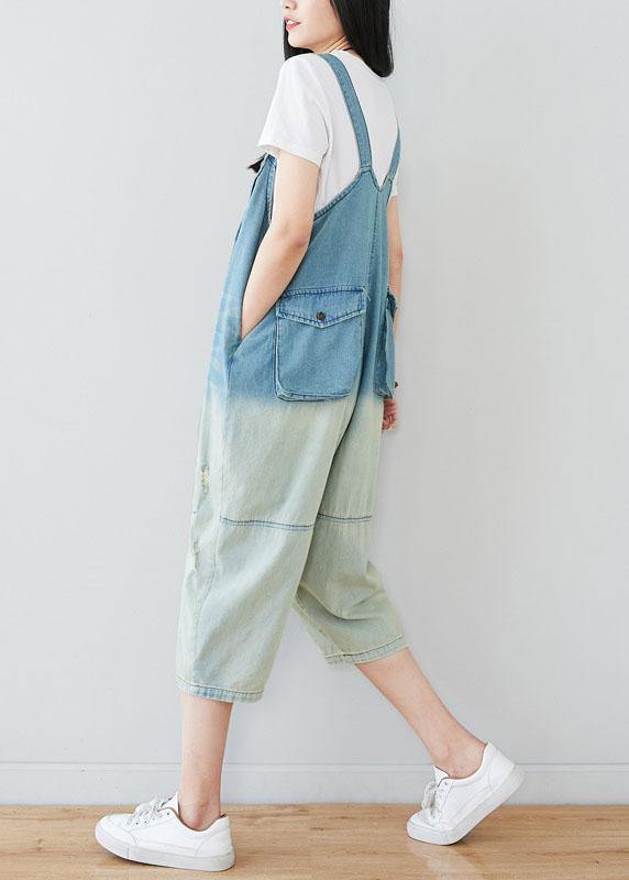 Natural Blue Casual Pockets Button Gradient Color Fall Rompers Cotton - SooLinen