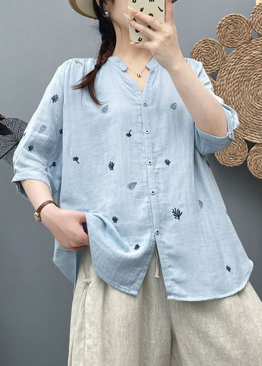Natural Blue Embroidered Cotton Shirt Half Sleeve