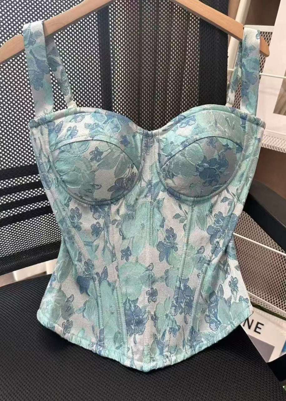 Natural Blue Jacquard Fish Bones Cotton Cami Tops Summer