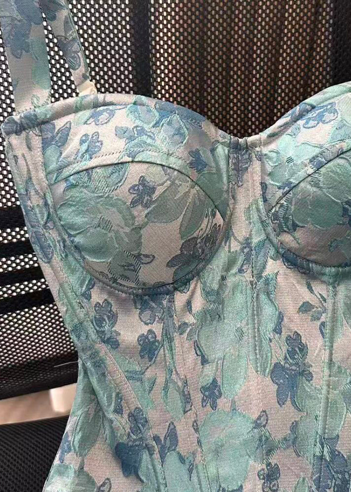Natural Blue Jacquard Fish Bones Cotton Cami Tops Summer