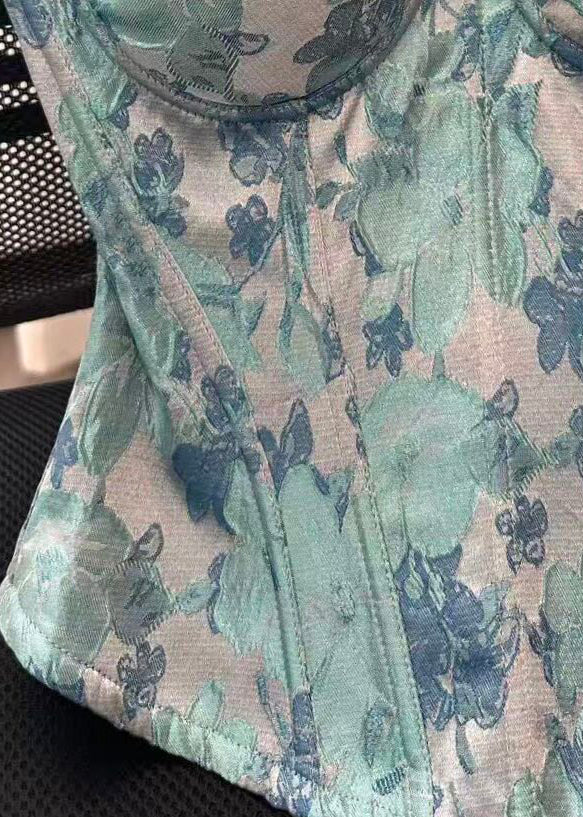 Natural Blue Jacquard Fish Bones Cotton Cami Tops Summer