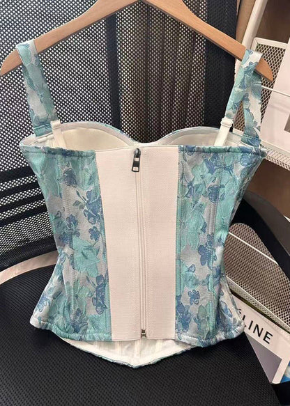 Natural Blue Jacquard Fish Bones Cotton Cami Tops Summer