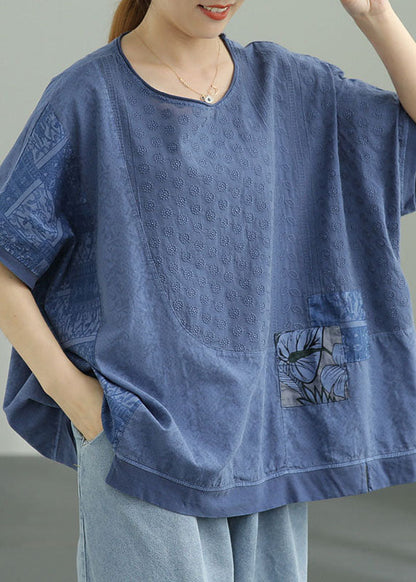 Naturblaues lockeres O-Ausschnitt-Print-Herbst-T-Shirt mit halben Ärmeln