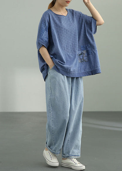 Naturblaues lockeres O-Ausschnitt-Print-Herbst-T-Shirt mit halben Ärmeln