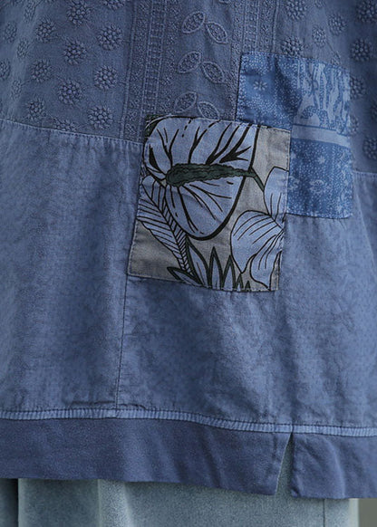 Naturblaues lockeres O-Ausschnitt-Print-Herbst-T-Shirt mit halben Ärmeln