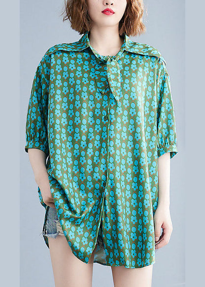 Naturblaues, locker bedrucktes Herbsthemd mit Schleife und halben Ärmeln