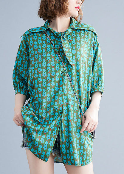 Naturblaues, locker bedrucktes Herbsthemd mit Schleife und halben Ärmeln