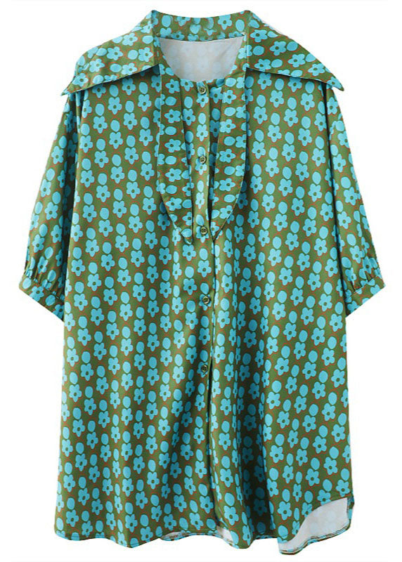 Naturblaues, locker bedrucktes Herbsthemd mit Schleife und halben Ärmeln