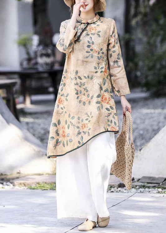 Natürliche Blau O-Ausschnitt Asymmetrische Print Leinen Kleider Frühling