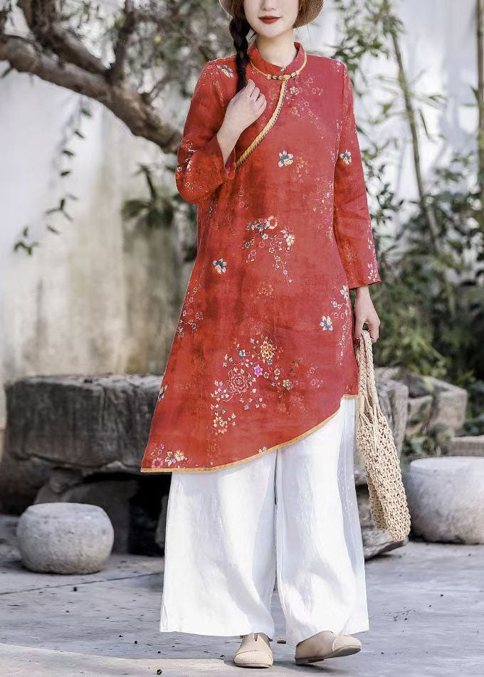 Natürliche Blau O-Ausschnitt Asymmetrische Print Leinen Kleider Frühling