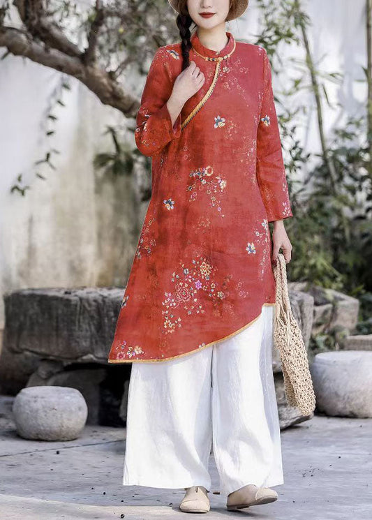 Natürliche Blau O-Ausschnitt Asymmetrische Print Leinen Kleider Frühling