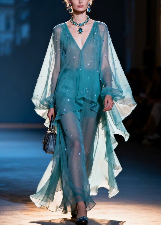Natural Blue Oversized Rhinestone Chiffon Dresses Lantern Sleeve