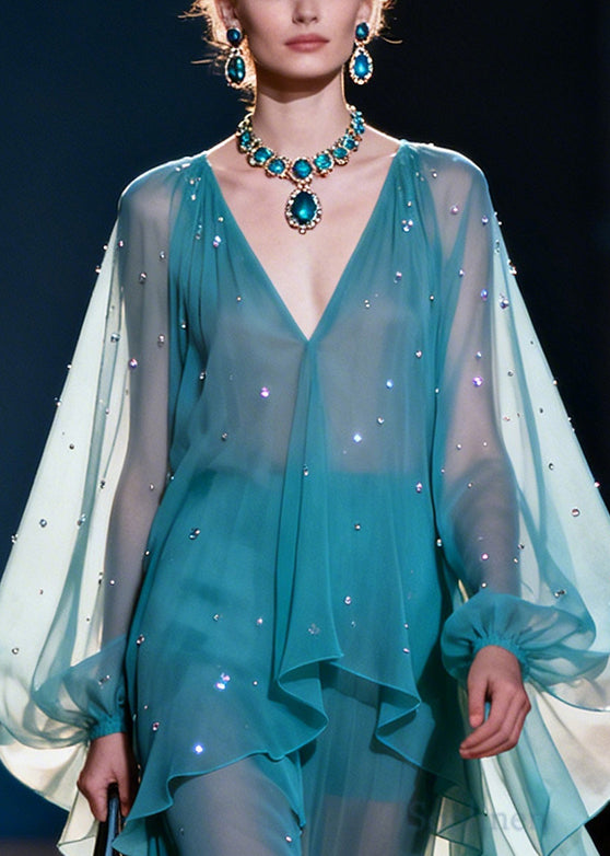 Natural Blue Oversized Rhinestone Chiffon Dresses Lantern Sleeve