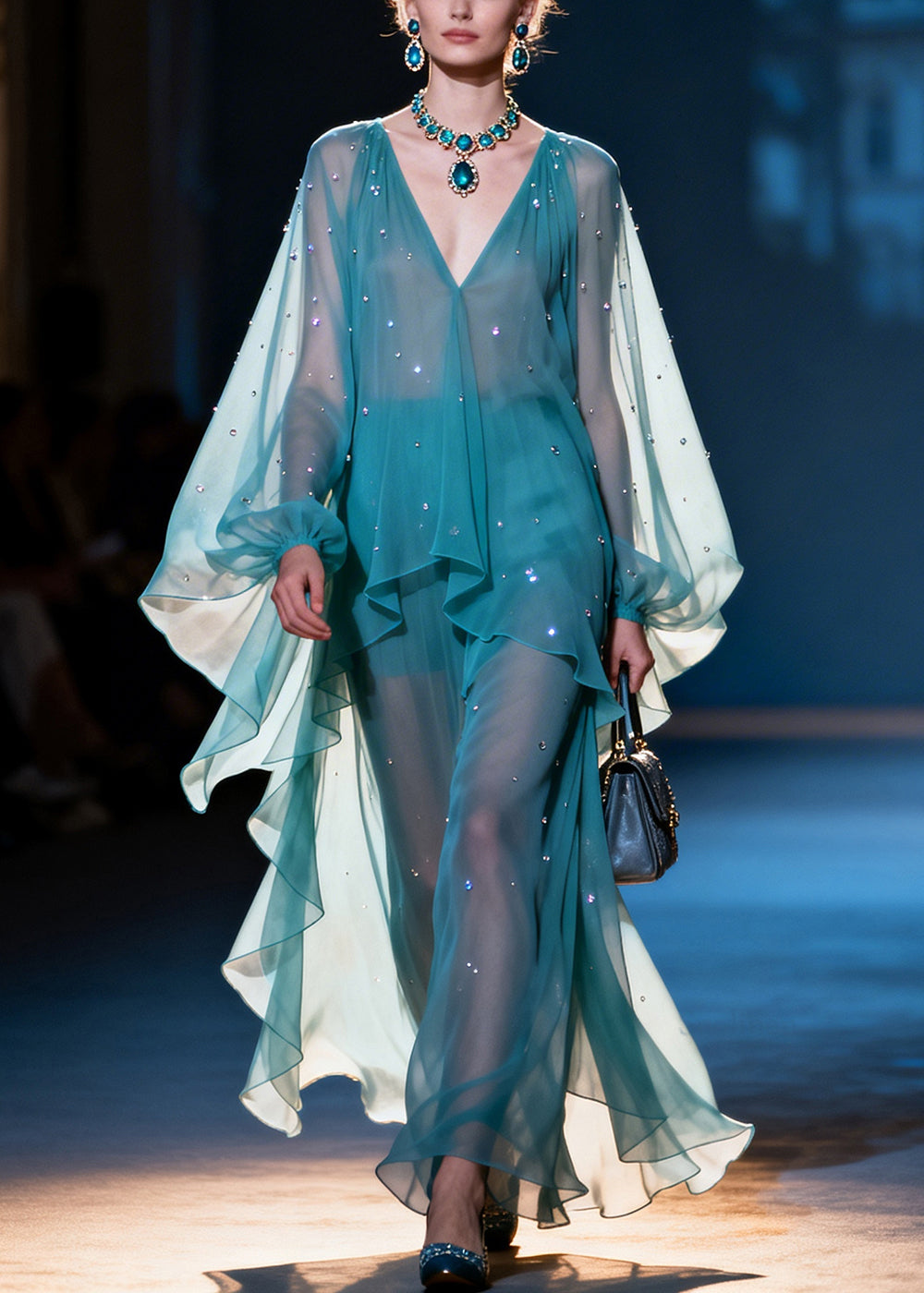 Natural Blue Oversized Rhinestone Chiffon Dresses Lantern Sleeve