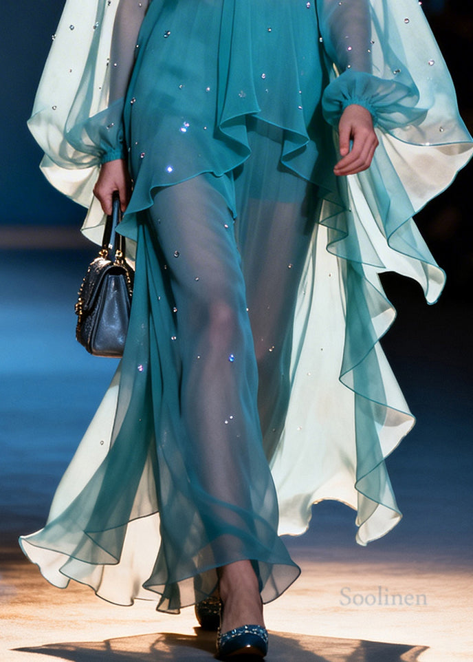 Natural Blue Oversized Rhinestone Chiffon Dresses Lantern Sleeve