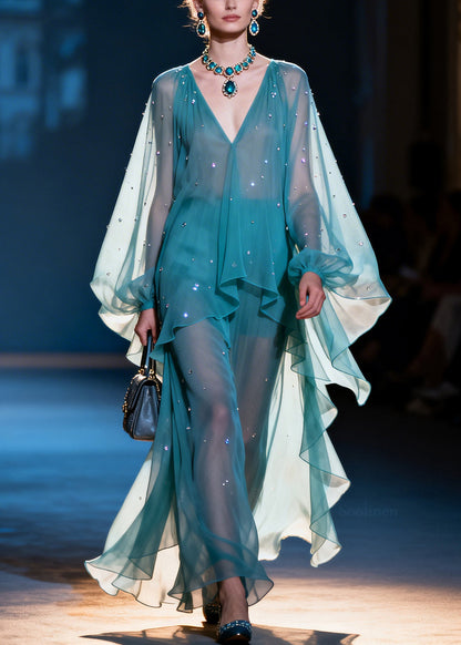 Natural Blue Oversized Rhinestone Chiffon Dresses Lantern Sleeve