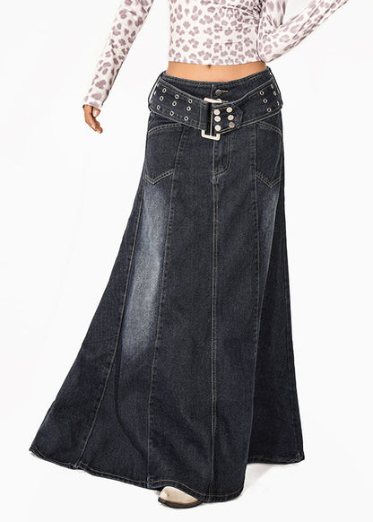Natural Blue Patchwork Draping Denim Maxi Skirts