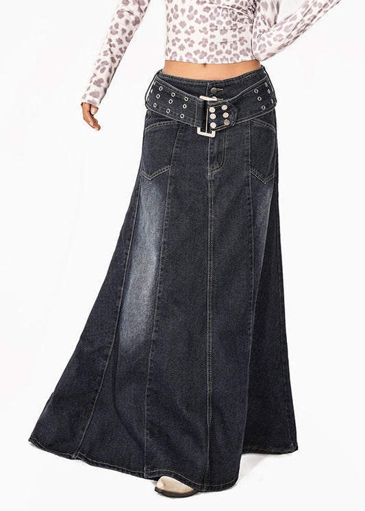 Natural Blue Patchwork Draping Denim Maxi Skirts