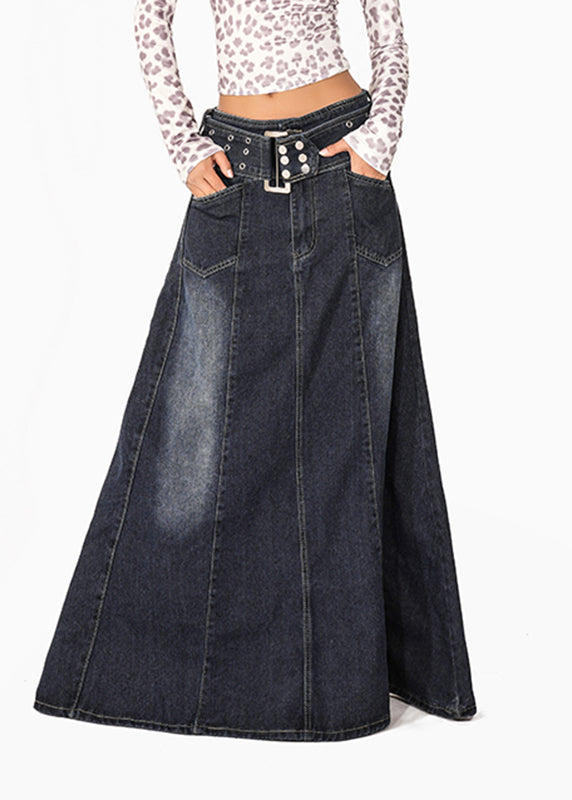 Natural Blue Patchwork Draping Denim Maxi Skirts